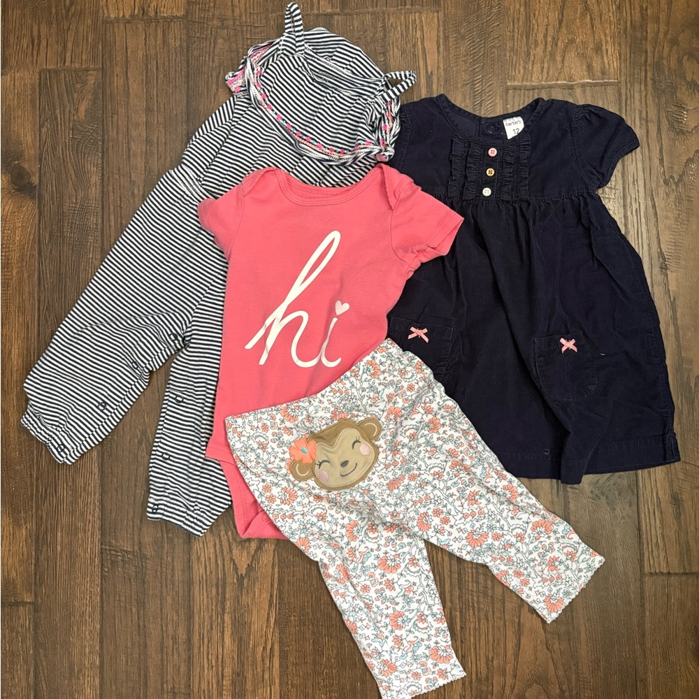 Carter's Navy Dress, Pink 'hi' Bodysuit, Striped Romper & Floral Pants Set